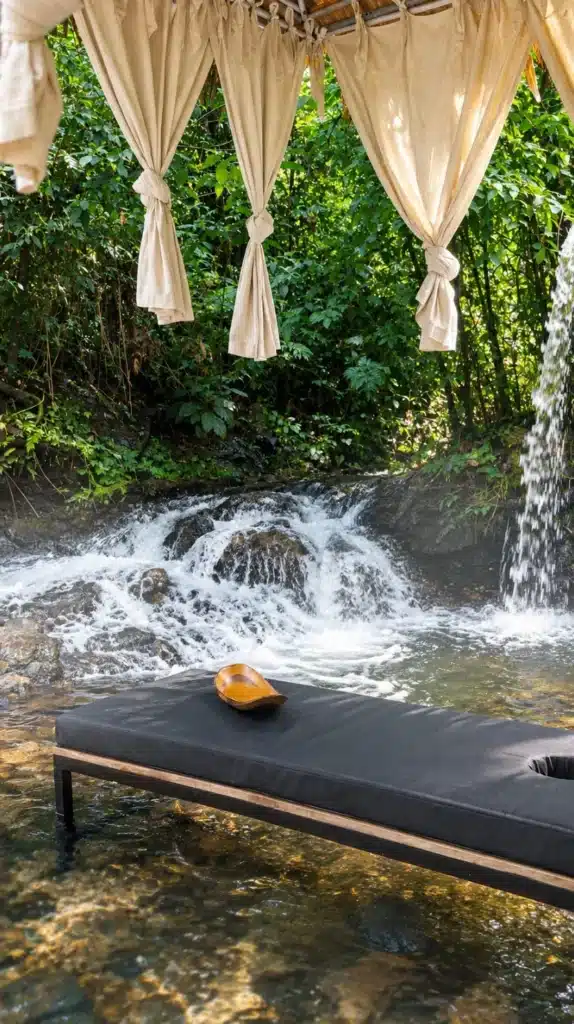 Canopy daybed beside a rainforest waterfall at Sensoria
