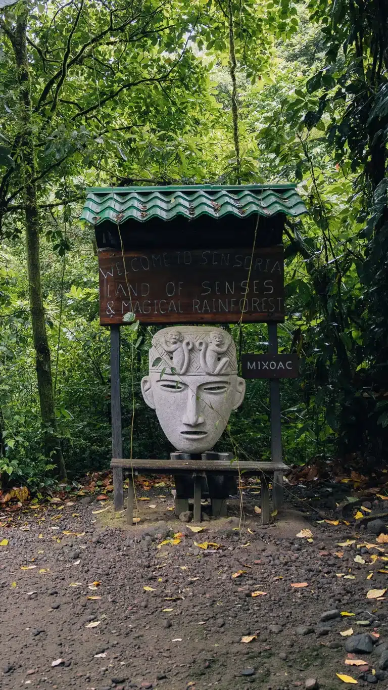 Carved stone face along a rainforest trail at Sensoria