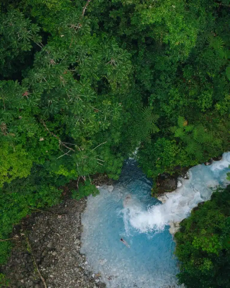 Aerial view of a turquoise river winding through the Sensoria rainforest